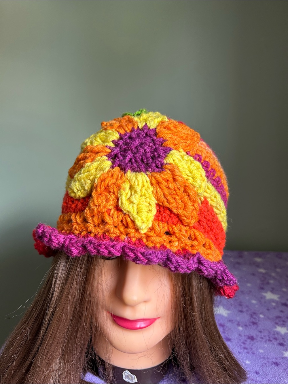 Colorful Crochet sunflower Beanie Hat  medium soft acrylic yarn new